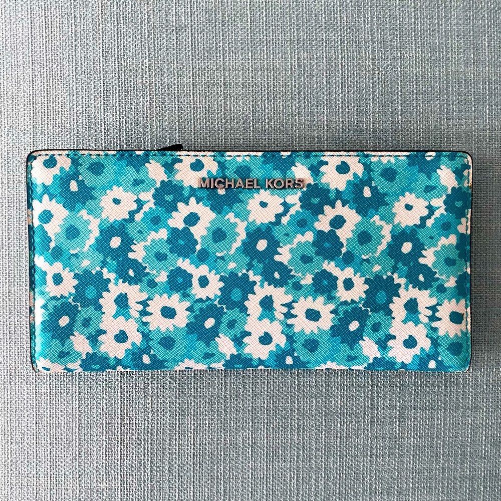 Michael Kors teal & white floral print bifold wallet
